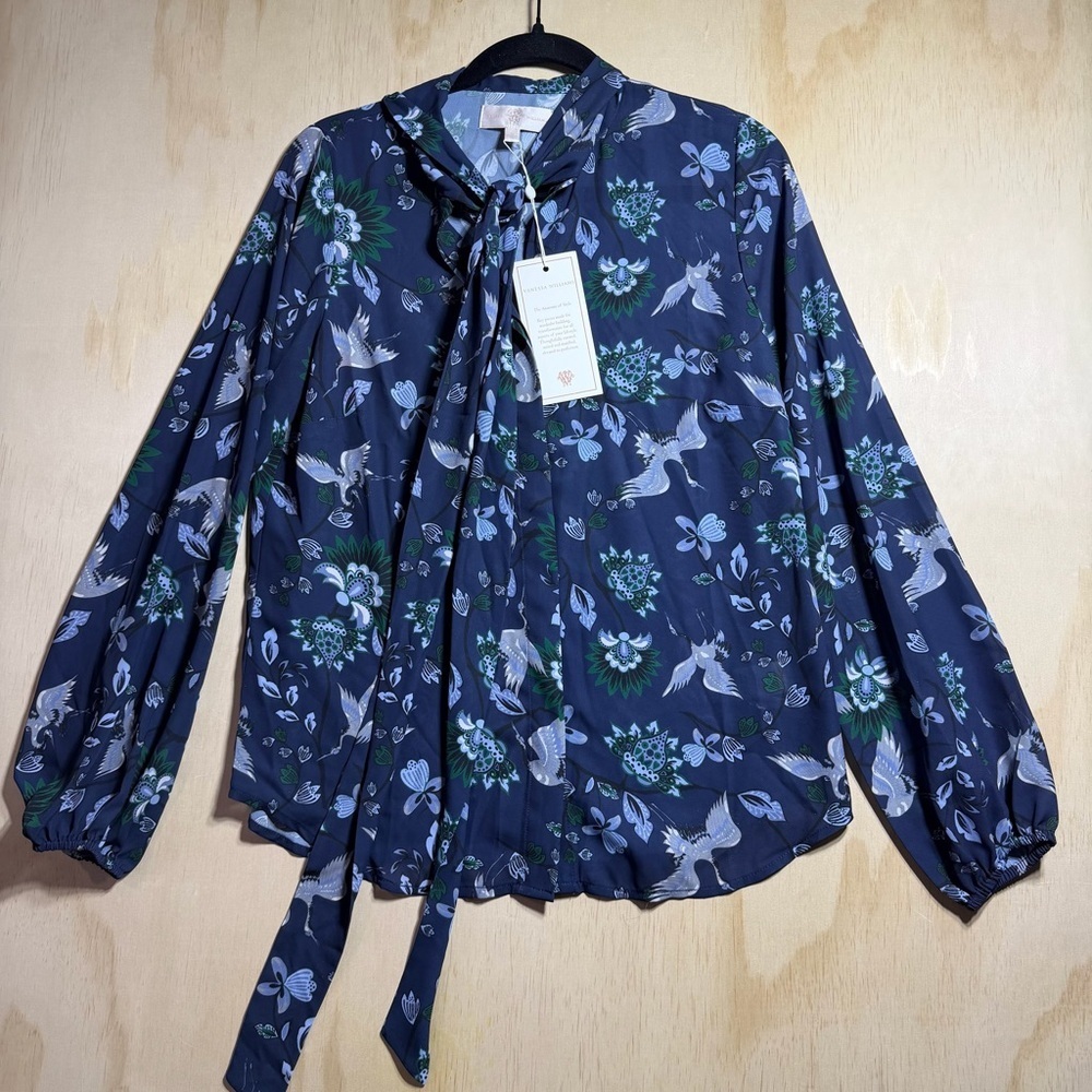 Vanessa Williams Bow Blouse NWT Size Small Blue Crane Floral Print Long Sleeve